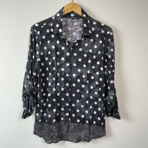 David Cline Womens XL Black White Polka Dot Floral Print Button Up Shirt Top